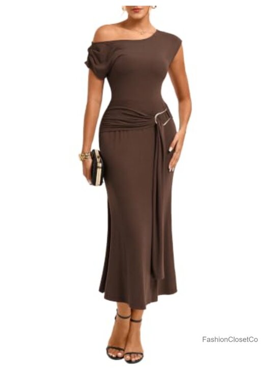 Dresses & Skirts - Womens One Shoulder Bodycon Maxi Dress Sleeveless Ruched Formal